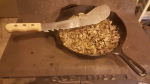 The start of Philly style duck Cheesesteaks on the woodstove